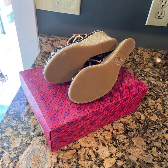 Tory Burch Brown and Cream Wedge Sandals - Picture 2 of 6